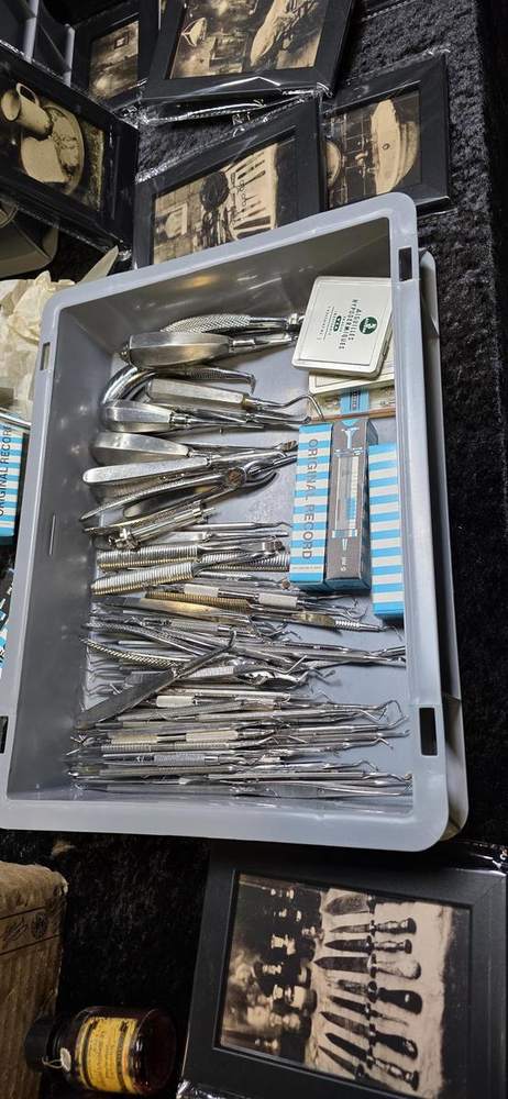 Tray of antique surgical instruments